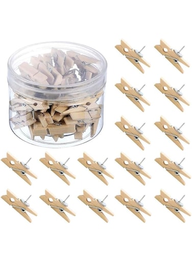 ELECDON Push Pins, with Wooden Clips 50 Pieces Thumbtacks Pushpins Paper Clips Clothespins for Arts Projects Cork Boards Notes Photos Display Wall Used in Offices Schools Public Place