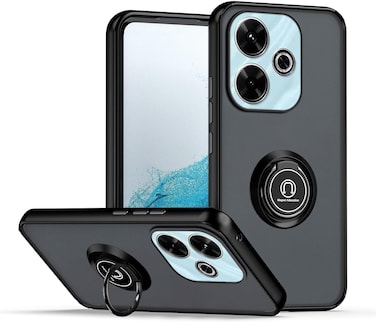 Shockproof Matte Hard Back Bumper Case with Metal Ring Holder Grip Kickstand Car Magnetic Mount for Xiaomi Redmi 13 4G / Redmi Note 13R 5G (Black)