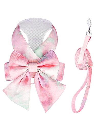 TERRIFI Cute Bow Tie Dog Harness and Leash Set Elegant Rainbow Gradient Puppy Harness No Pull Soft Mesh Pet Cat Dog Vest Harnesses for Small Dogs Cats, Pink, Size: M