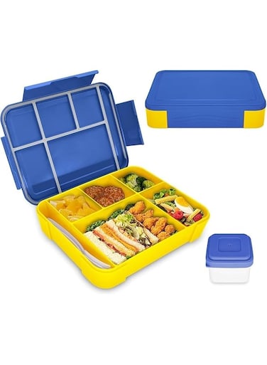 Bento Box - Lunch Box for Toddler, Kids &amp; Adults, 1330 ml   5 Compartment &amp; Forks &amp; Spoons-Leak-Proof Lunch Box, Ideal Tiffin for Kids for School, BPA-Free, Microwave &amp; Dishwasher Safe, (Blue)