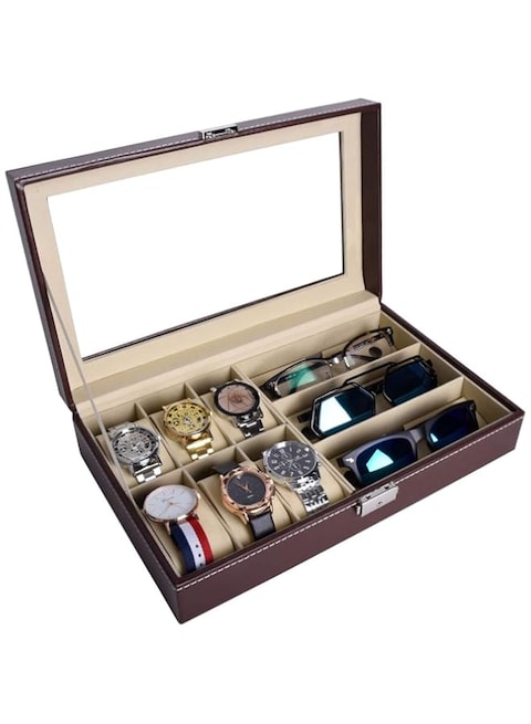 AUTOARK Leather 6 Watch Box Jewelry Case and 3 Piece Eyeglasses Storage and Sunglass Glasses Display Case Organizer,Brown,AW-020