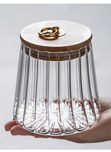 600 ML Borosilicate Glass Food Storage Jar With Airtight Bamboo Lid and Metal Handle, To Store Tea, Coffee Beans, Candy, Spices, Biscuits etc, Conical Shape