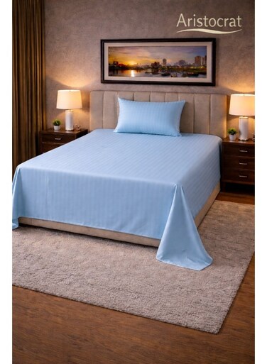 2&acirc;&euro;&lsquo;Piece Striped Microfiber Flat Bed Sheet Set Single 160x220cm &acirc;&euro;&ldquo; Soft Breathable Flat Sheet with 1 Pillowcase 50x70cm, Sky Blue Microfiber Sky Blue 160x220cm