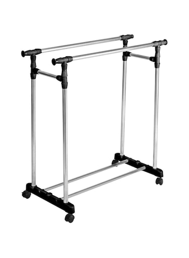 Adjustable Portable Clothes Rack Hanger Double Poll Rolling