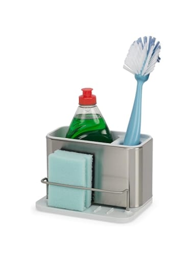 Joseph Joseph Surface Utensil Pots Sink Rack, Utensil Pot with Sponge, Brush and Detergent Holder, Stainless Steel/Stone