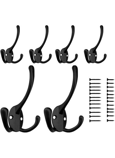 Mzizi Dco Wall Hooks,6 Pack Coat Hooks Wall Mounted with 24 Screws,Single Hardware Heavy Duty Hooks,Metal Zinc Alloy Double No Rust Hooks Hanging Coats Robe Towel Hat Key Clothes Bag Jacket (Black)
