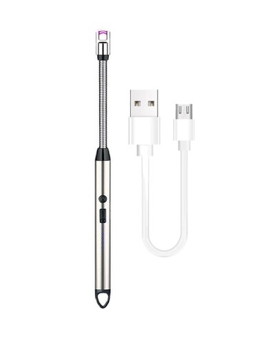 Electric BBQ Lighter 360 Degree Windproof Flameless Flexible Neck Long USB Type-C Rechargeable Electric Candle Arc Lighter With LED Battery Display Silver