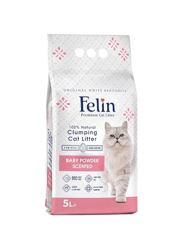 Teo Premium Pet Supplies Felin Cat Litter Clumping 100% Natural Bentonite, Clumping 99.5% Dust Free, Forever Fresh, Pet Friendly, Fighting with Odors Baby Powder Scented, 5L