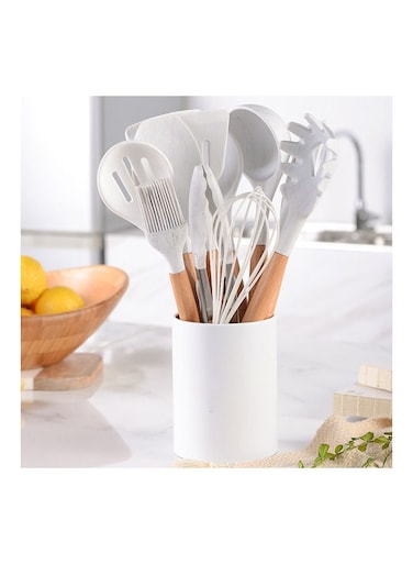 Pieces Silicone Cooking Utensil Set with Wooden Handle White 10.50 x 10.50 x 1.237cm
