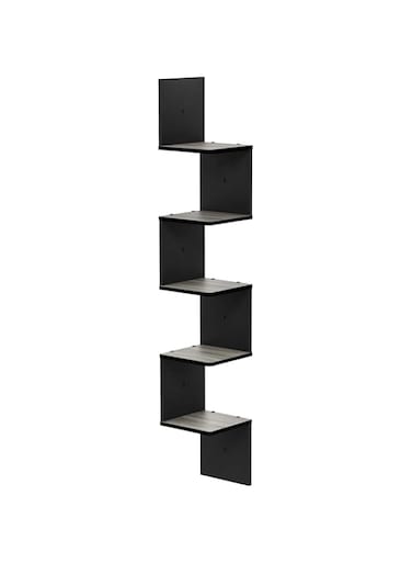 Furinno Rossi Wall Mount Floating Corner Shelf, 5-Tier Square, French Oak Grey/Black