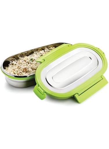 GANESH Solo Oval Stainless Steel Tiffin Lunch Box Container/Dabba with 4 Side Clip Lock Lid for Office &amp; School Use/Food Grade/Air Tight/Easy to Carry/Leak Proof (650 ml, Assorted)