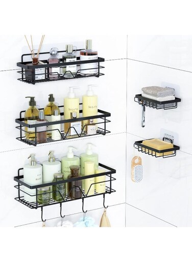 Care 5 Pack Shower Caddy Shelves Organizer with 4 Hooks, Stainless Steel Bathroom Self Adhesive Rack Storage Shelf for Inside Shower, Wall Organization Black