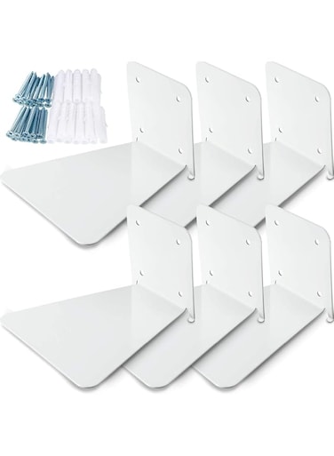 Azonee 6 Pcs Floating Bookshelf Iron Floating Shelves, Invisible Wall Mounted Bookshelf Multipurpose Wall Ledge Shelves for Home Office Classroom Library (White)