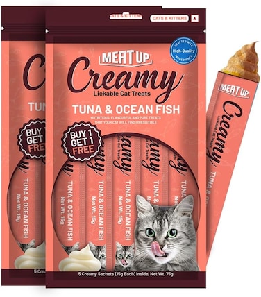 Meat Up Creamy Likable Cat Treat, Tuna &amp; Ocean Fish Flavour (10 x 15 Gm)   Rich In Protein, Promotes Hydration, No Artificial Preservatives   Best For Training &amp; Bonding   For Kitten &amp; Adult