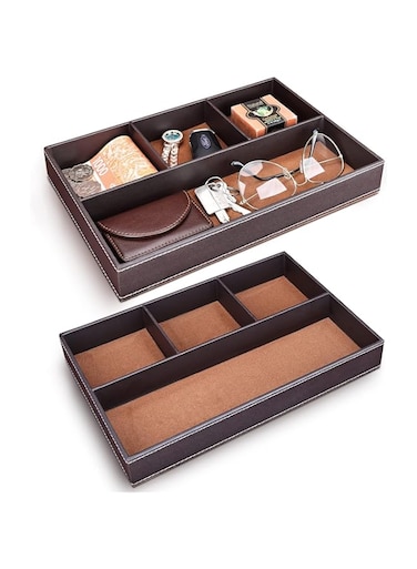 TERRIFI Luxurious Brown Leather Valet Tray Set of 2, Accessory Organizer for Men, Dresser Top, Bedside Nightstand, Drawers