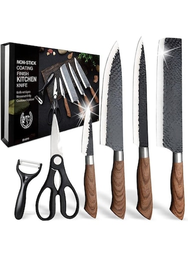 7pcs Piece Kitchen Knife Set, Wooden Handle, Hand Forged Stainless Steel Blade, with Steak Knife, Scissors, Paring Knife, Gift Box Set, Kitchen Decorative Accessories, Suitable for All Kinds Of Holiday Gifts