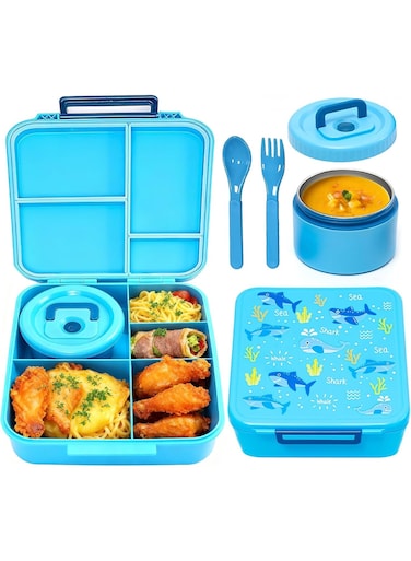Lunch Box for Kids, Children Bento Lunch Box with 4 Compartments for Student Aged 3-12, Leak-Proof Kids Lunchbox with Thermo Soup Bowl for Girls and Boys, Microwave  Dishwasher  Freezer Safe &amp; Bpa-Free (Blue)