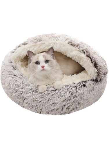 Calming Dog Beds &amp; Cat Cave Bed with Hooded Cover,Removable Washable Round Beds for Small Medium Pets,Anti-Slip Faux Fur Fluffy Coved Bed for Improved Sleep,Fits up to 15/25 lbs (Small,20"x20")