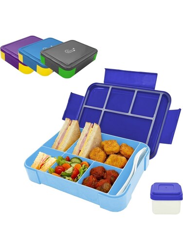 Essentials Premium Leak Proof Bento Lunch Box with 6 Compartments &acirc;&euro;&ldquo; BPA Free, Microwave Safe lunch box for Adults &amp; Kids daily use for School, Office and Travel (Dark Blue)
