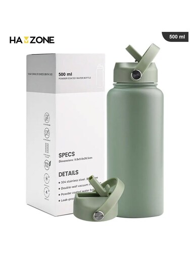 Sports Water Bottle, Insulated Stainless Steel Thermal Water Bottle with Straw Lid, Leak Proof Double Wall Thermos for Hot and Cold Drinks, Wide Mouth, 500ml, Ideal for Gym, Office, School, Camping, Bean Green