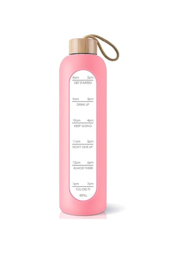 TERRIFI 32 Oz Borosilicate Glass Water Bottle, Leak Proof Reusable BPA Free with Time Marker Reminder Quotes, Motivational Water Bottle with Silicone Sleeve and Bamboo Lid