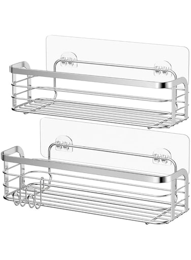 Avoalre Shower Shelf Adhesive With Hook Rustproof Shower Caddy Bathroom Shower Organiser Storage Basket Wall Mounted Stainless Steel SUS304 Shower Storage No Drilling Silver - 2 Pack