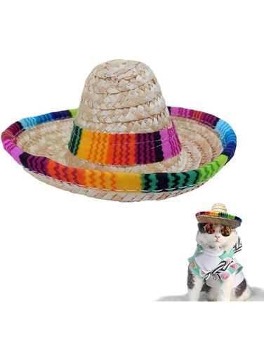 ELECDON Dog Sombrero Hat, Cat Mexican Hats Mini Straw with Multicolor TrimSombrero Party Hats for Small Pets/Puppy/Cat