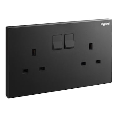 Legrand Galion 2-Gang 13A Switched Socket Outlet with Earth Connection, British Standard, Matt Black &ndash; 282433C
