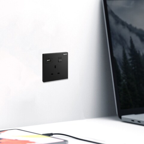 Legrand Galion1-Gang Single Pole Switched Socket Outlet with USB Charger, 13A 250V~ - Matt Black &ndash; 282434C