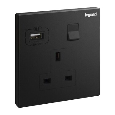 Legrand Galion1-Gang Single Pole Switched Socket Outlet with USB Charger, 13A 250V~ - Matt Black &ndash; 282434C