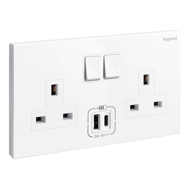 Legrand Galion - 2 gangs British Standard switched single pole socket outlet - 13A - with 3A type-A and type-C USB chargers &ndash; White &ndash; 282443