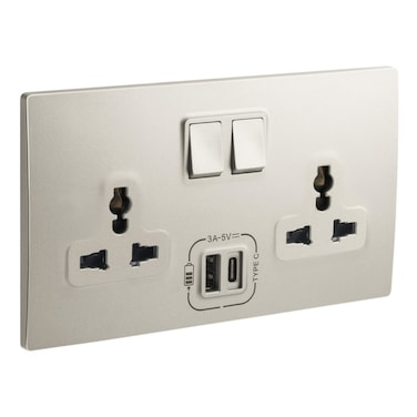 Legrand Mallia Senses 2-Gang British Standard Single Pole Switched Socket Outlet, 13A, with 3000mA Type A and C USB Chargers, Champagne &ndash; 281136CH