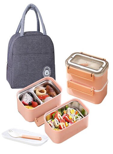 Stainless Steel Double Layer Insulated Portable Lunch Box Bento Box Food Container 1600ml (Pink)