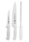 Premium 3 Pieces Knife and Sharpener Set with Stainless Steel Blade and White Polypropylene Handle