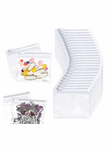Small Storage Bags with Zippered, 24 Pcs Reusable Pill Baggies, Clear Plastic Pill Bags