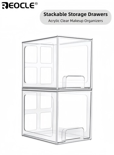 2PCS Stackable Storage Drawers with Clear Acrylic Design and Multi Use Feature Plastic Organizer Bins with PET Material for Vanity Cabinet Pantry Use