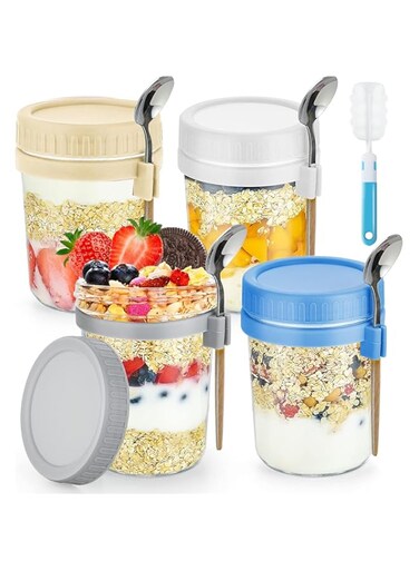 Yoawllty 4 Pack Overnight Oats Jars Mason Jar with Lids and Spoons, 16 Oz Glass Mason Containers for Overnight Oats, Leak Proof Oatmeal Container for Cereal, Fruit, Vegetable, Milk, Salad, Yogurt