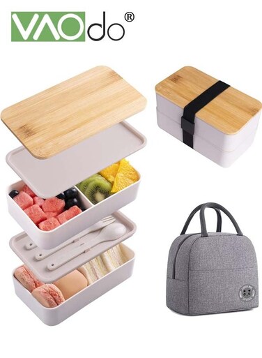 40oz Reusable Bento Lunch Box with Insulated Bag Utensil Set and Lid, Rectangle Lunchable Food Container with 4 Compartments Microwave/Freezer Safe White