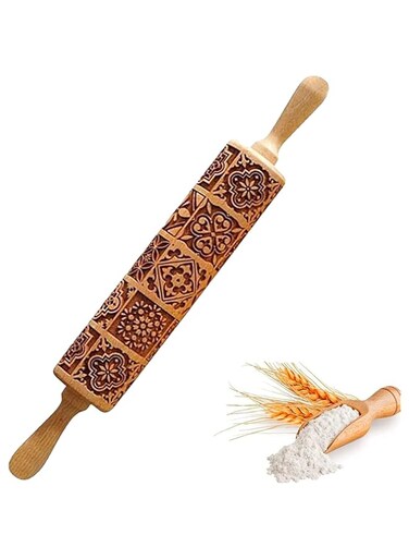 JICUICUI Wooden Rolling Pin,3D Embossing Rolling Pin Baking Accessories for Fondant Dough,Pizza,Pastries,Basic Kitchen Gadget