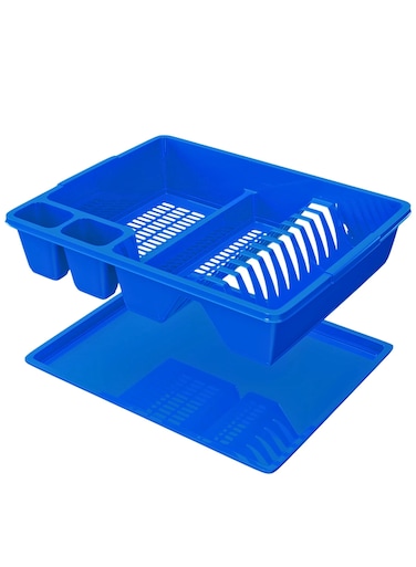 Plastic Dish Drainer with Tray, Blue, Compact Kitchen Drying Rack for Plates &amp; Cutlery
