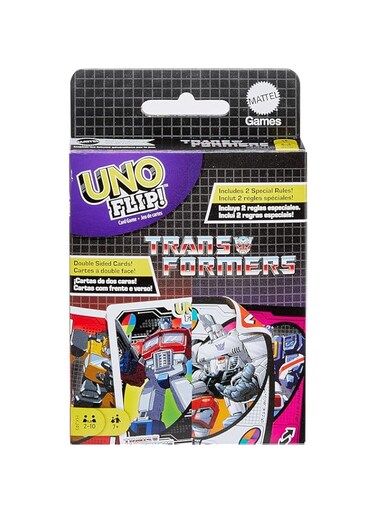 Mattel Games UNO Flip Transformers Card Game for Kids, Adults &amp; Family Nights with Deck Inspired by The Transformers Movies, TV Shows &amp; Comics