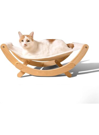 OFRANK Cat Hammock with 2 Fabrics- Wooden Cat Swing Bed- Modern Kitty Furniture, Gifts for Indoor and Outdoor Cats- Elevated Cat Bed