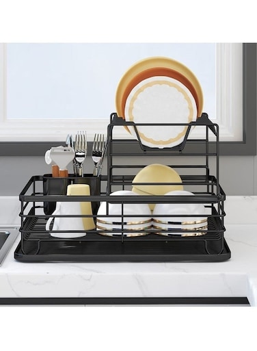 Dish Organizer, Dish Rack with Beechwood Handles, Metal Drying Rack for Kitchen Countertop, Modern Retro Design, Black