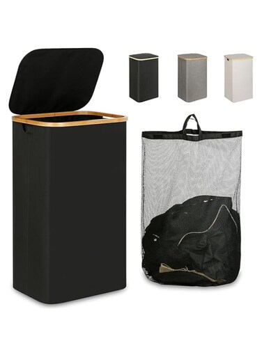 SIMPDIY Large Laundry Basket with Lid, 110L Tall Laundry Basket with Bamboo Handles for Clothes and Toys, Collapsible Laundry Hamper with Inner Bag for Bedroom and Bathroom (Black)