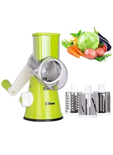 Cheese Grater, Handheld Vegetables Slicer Cheese Shredder with Rubber Suction Base, 3 Stainless Drum Blades Included, Green