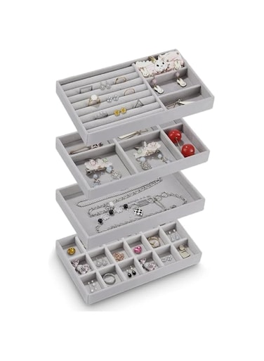 AMERTEER Stackable Velvet Jewelry Organizer Tray Set of 4   Grey Jewelry Storage Box for Rings, Earrings, Necklaces, Bracelets, and Watches   Adjustable Dividers &amp; Stackable Drawer Display for Home