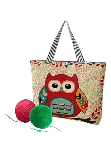 TERRIFI Knitting Tote Bag - Large Knitting Bag with Zipper, Embroidered Shoulder Portable Beach Bag, Reusable Shopping Bags, Cute Owl Pattern Crochet Bag for Shopping Traval Climb Mountain