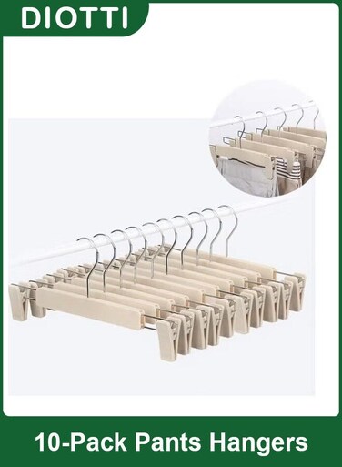10 Pack Pants Hangers with Clips, Plastic Clothes Hangers with 360&Acirc;&deg; Swivel Hooks, Adjustable Non-Slip Clips for Skirts, Shorts, Trousers, and More (Khaki)
