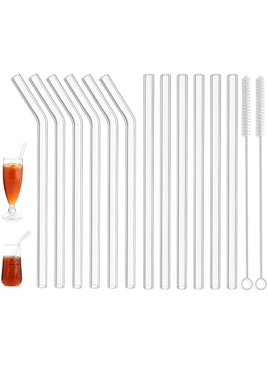 Excefore Reusable Glass Drinking Straws Set,12 Pcs Straws With Cleaning Brushes,Shatter Resistant,Non-Toxic,Eco Friendly Reusable Straws (Transparent, 6 Straight, 6 Bent)