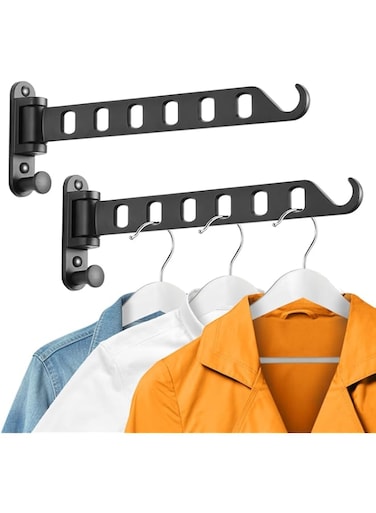 MAKINGTEC Wall Mounted Clothes Hanger with Swing Arm, Laundry Room Dryer Rack, Folding Valet Hook, Sturdy Hanging, Foldable 180&deg;Rotation, Solid Aluminum (2-Pack, Black)